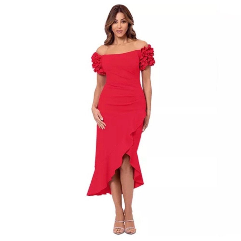 XSCAPE Women's Red Off-The-Shoulder Scuba Crepe Midi Dress 10 New
